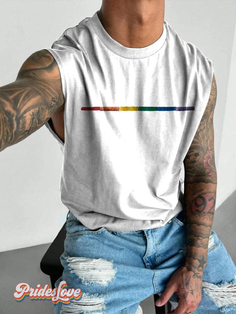 Gay Flag Rainbow Stripe GBTQ Gay Print Men’s Wide Shoulder Vest Multicolor / S