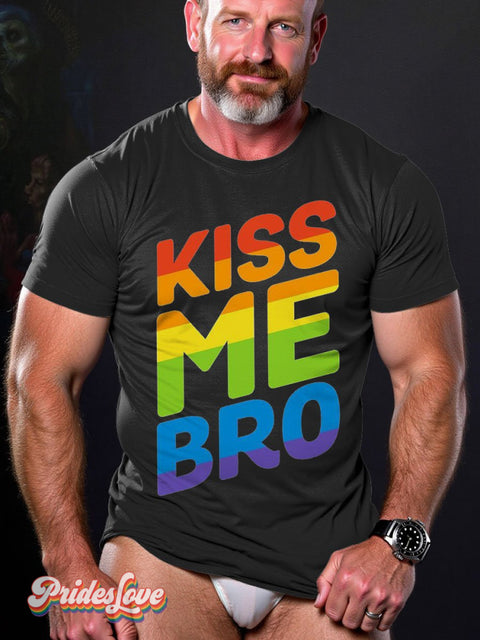 Gay Pride Rainbow Kiss Me Bro Pattern Lgbt Casual Print T-Shirt Black / S