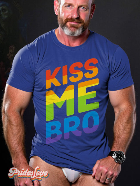 Gay Pride Rainbow Kiss Me Bro Pattern Lgbt Casual Print T-Shirt Blue / S