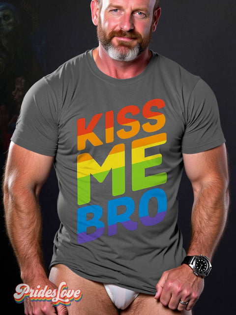 Gay Pride Rainbow Kiss Me Bro Pattern Lgbt Casual Print T-Shirt Grey / S