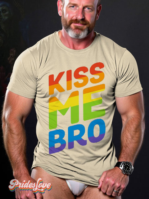 Gay Pride Rainbow Kiss Me Bro Pattern Lgbt Casual Print T-Shirt Sand / S