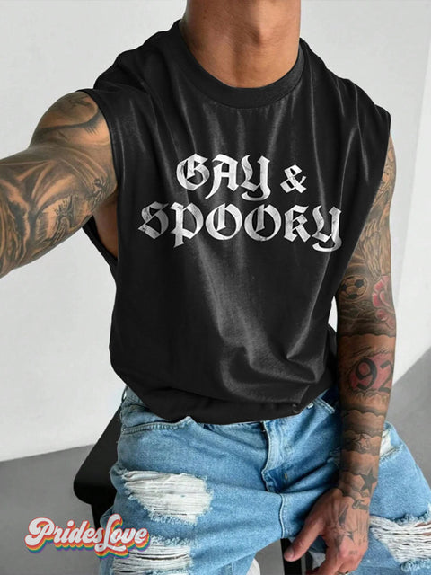 Gay & Spooky Funny Rainbow LGBTQ Gay Queer Pride Print Men’s Wide Shoulder Vest Multicolor / S