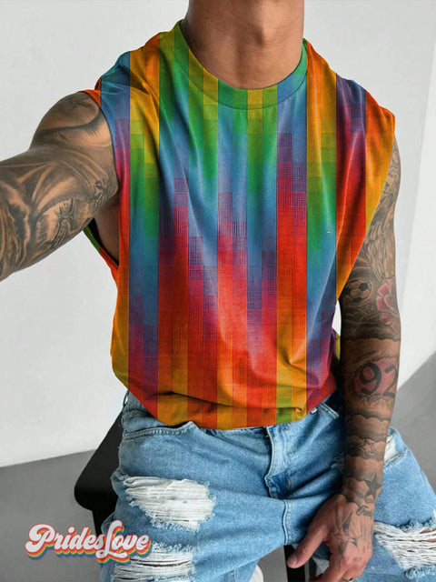 Gradient Cell Rainbow LGBTQ Gay Print Men’s Wide Shoulder Vest Multicolor / S
