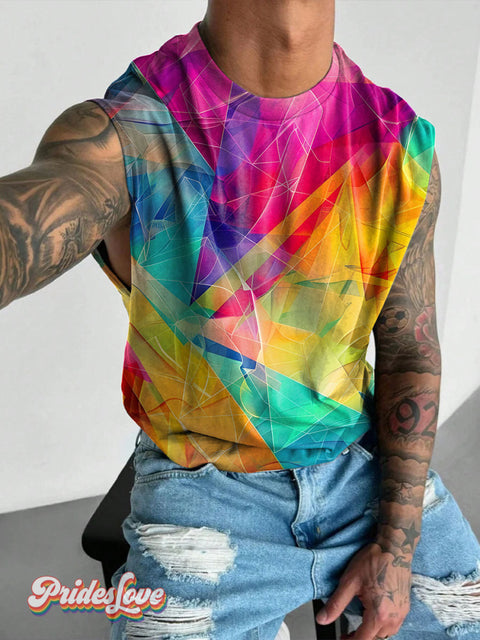 Gradient Doodle Splice Rainbow LGBTQ Gay Print Men’s Wide Shoulder Vest Multicolor / S