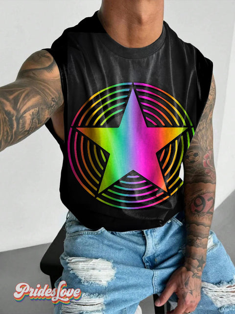 Gradient Star Lgbt Rainbow Gay Print Men’s Wide Shoulder Vest Colorful / S