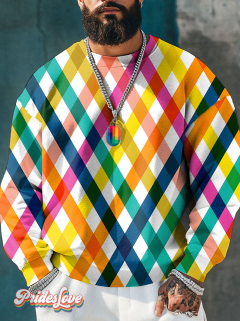 Gradient Stripes Diamond Lattice Rainbow Lgbtq Gay Print Casual Sweatshirt Multicolor / S