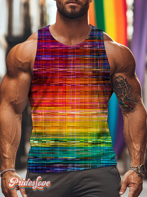 Gradient Stripes Doodle Rainbow LGBTQ Gay Print Men’s Tank Top Multicolor / S