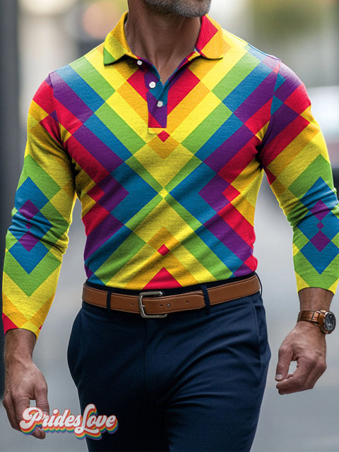 Gradient Stripes Rainbow LGBTQ Gay Men’s Art Print Buttons Long Sleeve Polo Colorful / S