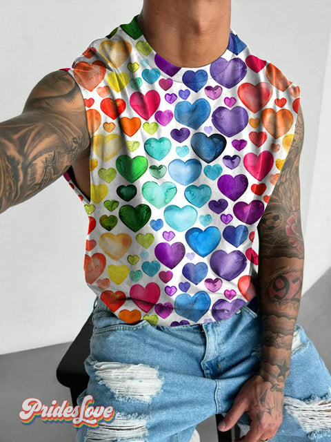 Heart Doodle Watercolour Rainbow LGBTQ Gay Print Men’s Wide Shoulder Vest Multicolor / S