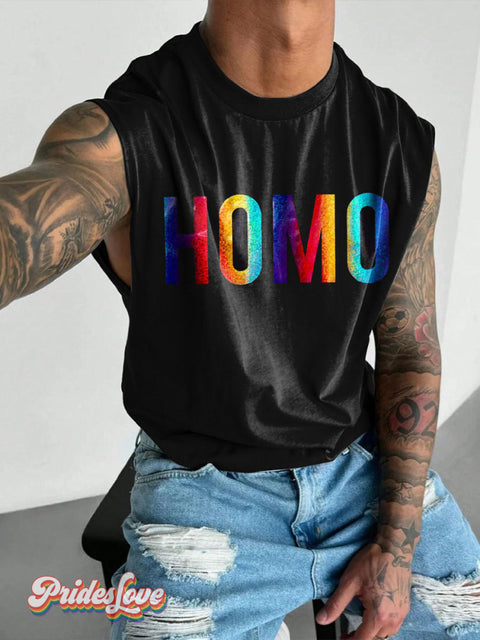 HOMO Rainbow Glitter LGBTQ Gay Print Men’s Wide Shoulder Vest Multicolor / S