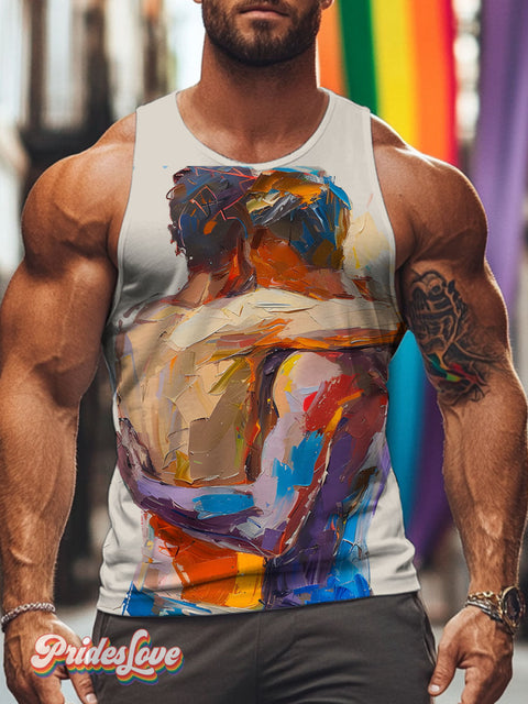 Hugging Male Bodies Original Art Couple Rainbow LGBTQ Gay Print Men’s Tank Top Multicolor / S