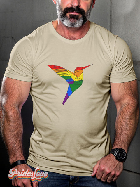 Hummingbird Pride Origami Rainbow LGBTQ Gay Print T-shirt Sand / S
