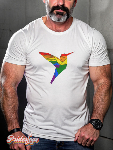 Hummingbird Pride Origami Rainbow LGBTQ Gay Print T-shirt White / S