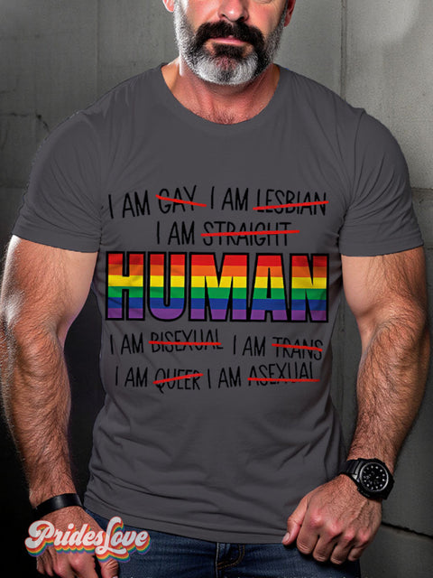 I Am Human Rainbow Lgbtq Gay Print T-Shirt Gray / S