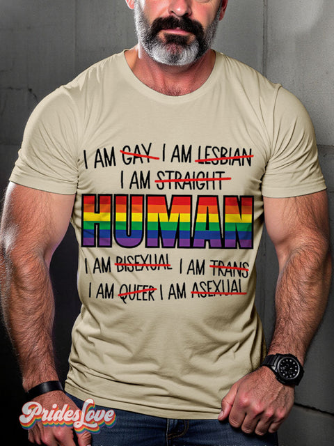 I Am Human Rainbow Lgbtq Gay Print T-Shirt Sand / S