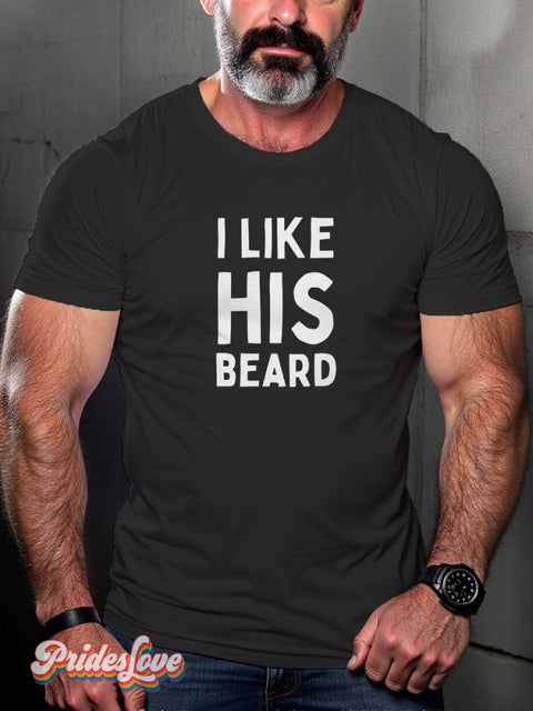 I Like His Beard Rainbow Couple LGBTQ Gay Print T-shirt Black / S