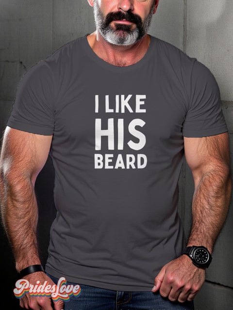 I Like His Beard Rainbow Couple LGBTQ Gay Print T-shirt Gray / S