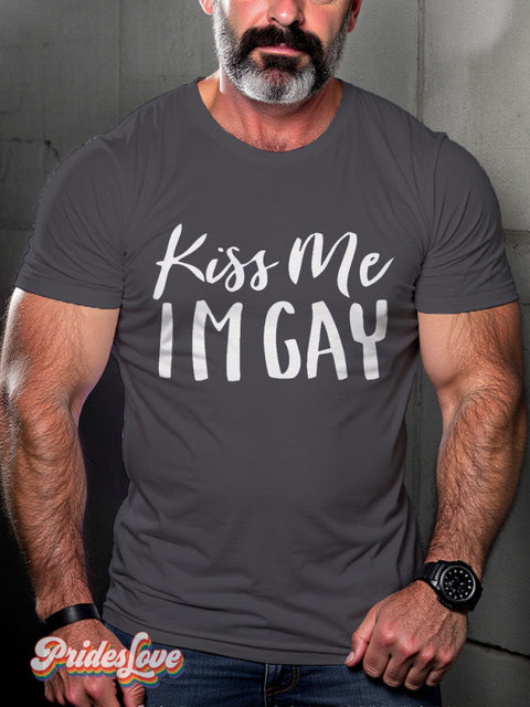 Kiss Me Gay Pride Rainbow LGBTQ Print T-shirt Gray / S