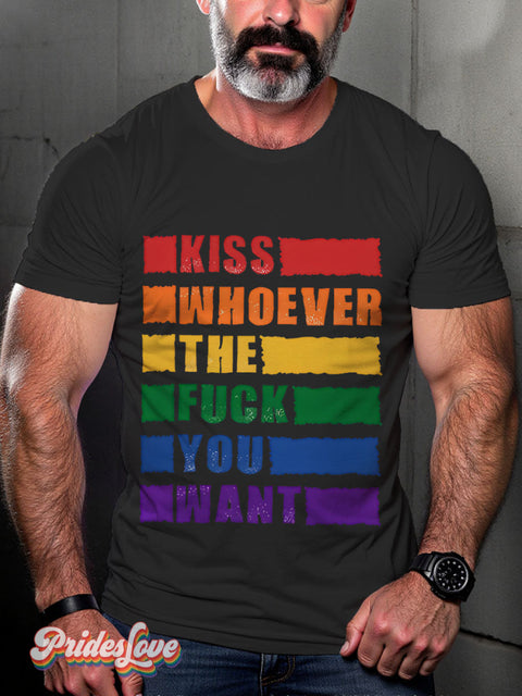Kiss Whoever The Fuck You Want Pride Month Rainbow LGBTQ Gay Print T-shirt Black / S