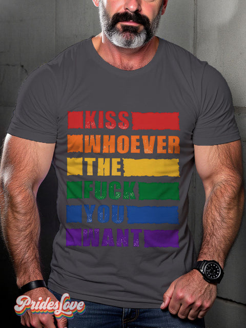 Kiss Whoever The Fuck You Want Pride Month Rainbow LGBTQ Gay Print T-shirt Gray / S