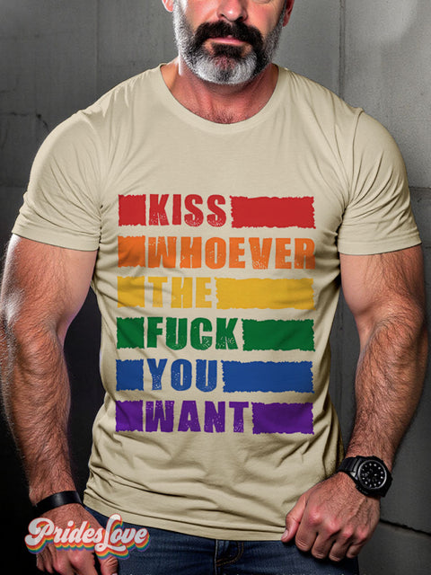 Kiss Whoever The Fuck You Want Pride Month Rainbow LGBTQ Gay Print T-shirt Sand / S
