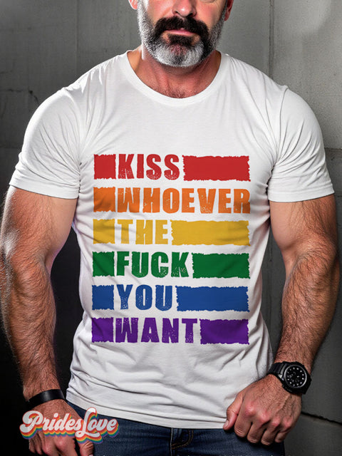 Kiss Whoever The Fuck You Want Pride Month Rainbow LGBTQ Gay Print T-shirt White / S