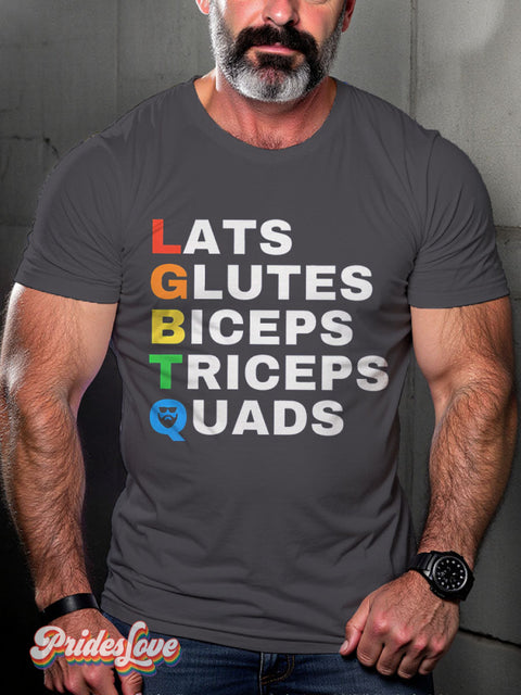 Lats Glutes Biceps Triceps Quads Rainbow Lgbtq Gay Print T-Shirt Gray / S