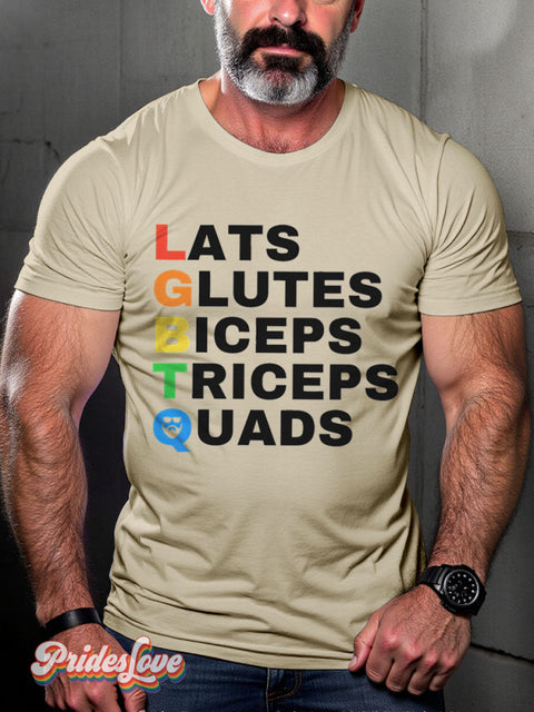 Lats Glutes Biceps Triceps Quads Rainbow Lgbtq Gay Print T-Shirt Sand / S