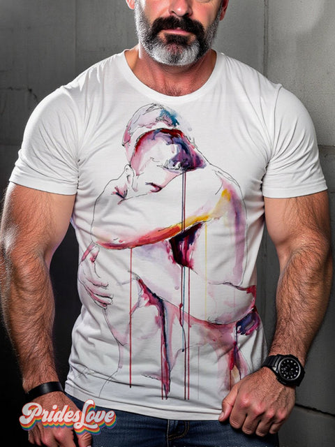 Lgbt Gay Couple Art Painting Hugging Print T-Shirt Multicolor / S