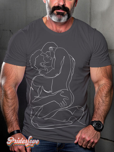 LGBT Gay Couple Kissing Line Art Casual Print T-shirt Grey / S