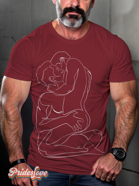 LGBT Gay Couple Kissing Line Art Casual Print T-shirt Maroon / S