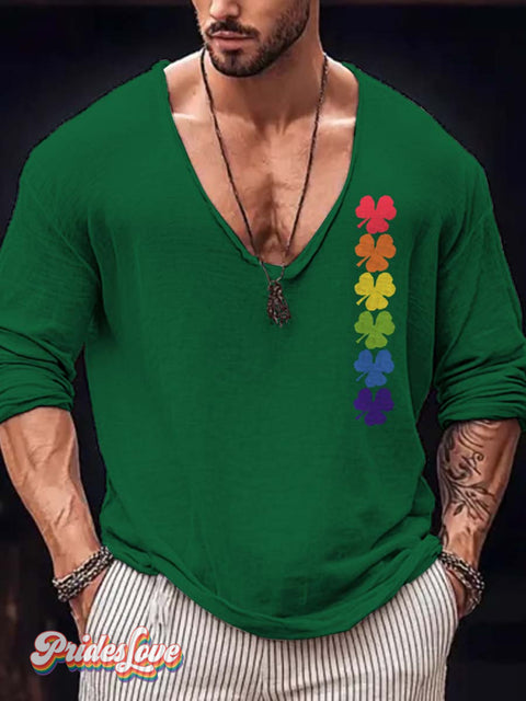 Lgbt Gay Pride St. Patrick Rainbow Clover Art Print Casual 100% Cotton Shirt Multicolor / S
