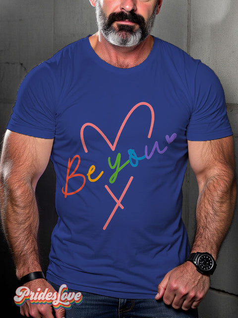 LGBT Heart Rainbow Be You Pride Casual Print T-shirt Blue / S