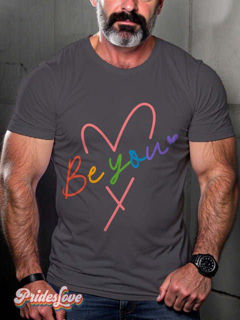 LGBT Heart Rainbow Be You Pride Casual Print T-shirt Grey / S