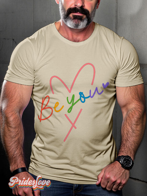 LGBT Heart Rainbow Be You Pride Casual Print T-shirt Sand / S