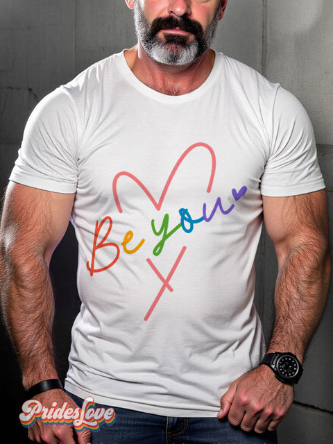 LGBT Heart Rainbow Be You Pride Casual Print T-shirt White / S