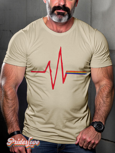 Lgbt Heartbeat Rainbow Pride Casual Print T-Shirt Sand / S