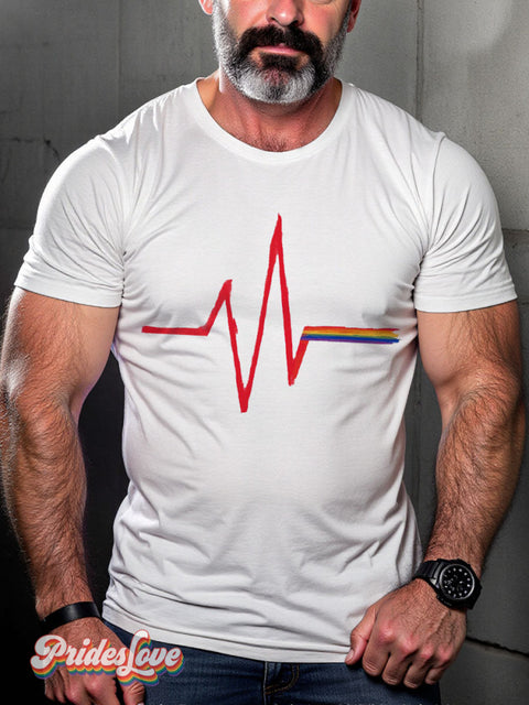 Lgbt Heartbeat Rainbow Pride Casual Print T-Shirt White / S