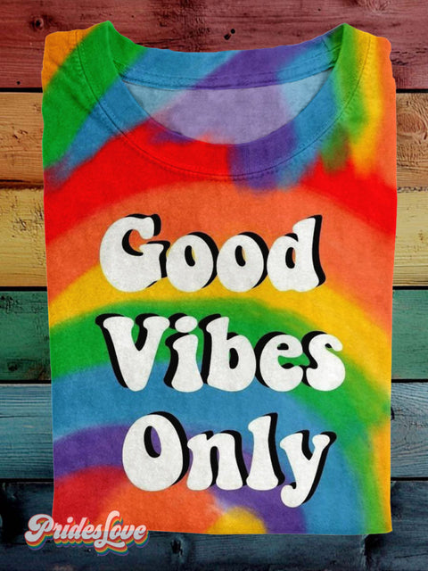 Lgbt Pride Good Vibes Only Rainbow Heart Casual Print T-Shirt