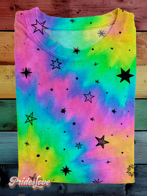 Lgbt Pride Rainbow Tie Dye Stars Casual Print T-Shirt