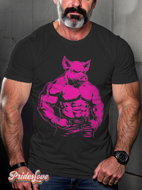 LGBT Proud Pig Muscle Leather Daddy Casual Print T-shirt Black / S