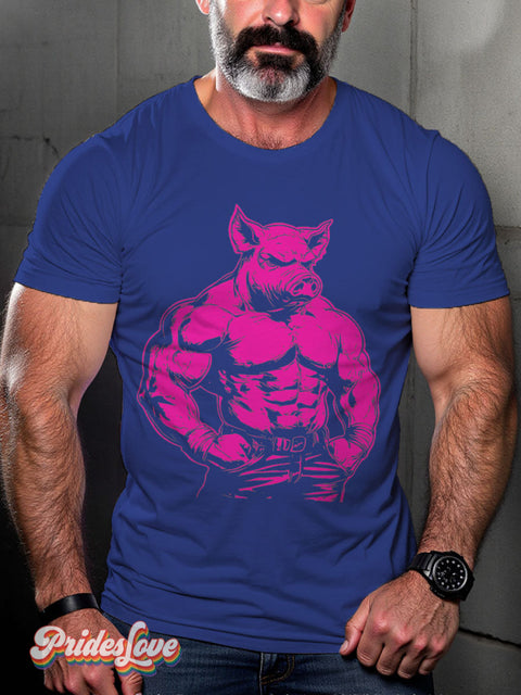 LGBT Proud Pig Muscle Leather Daddy Casual Print T-shirt Blue / S