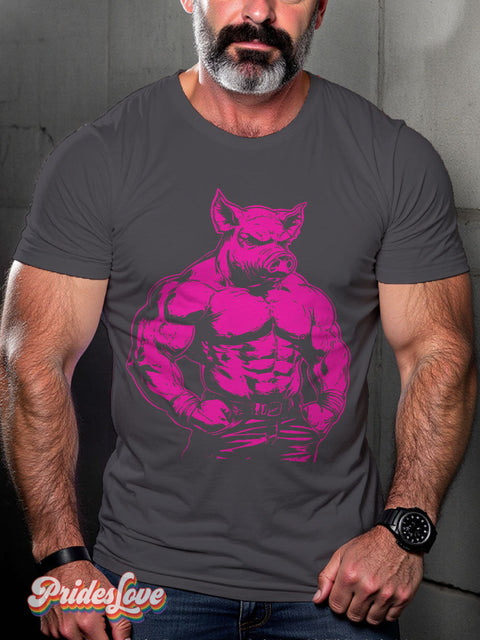LGBT Proud Pig Muscle Leather Daddy Casual Print T-shirt Grey / S
