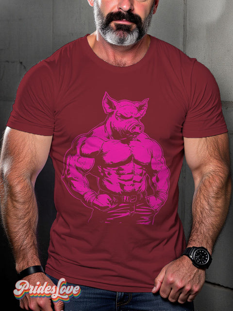 LGBT Proud Pig Muscle Leather Daddy Casual Print T-shirt Maroon / S