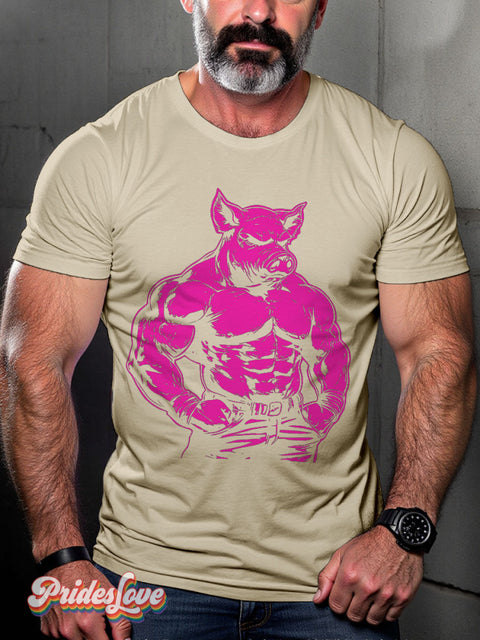 LGBT Proud Pig Muscle Leather Daddy Casual Print T-shirt Sand / S