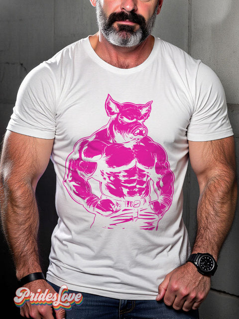 LGBT Proud Pig Muscle Leather Daddy Casual Print T-shirt White / S