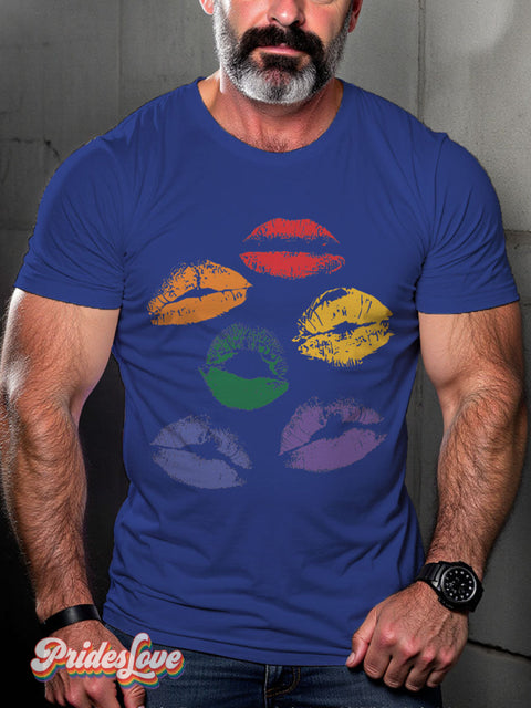 LGBT Proud Rainbow Mouth Kiss Casual Print T-shirt Blue / S