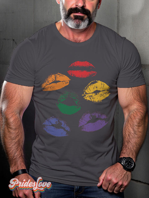 LGBT Proud Rainbow Mouth Kiss Casual Print T-shirt Grey / S