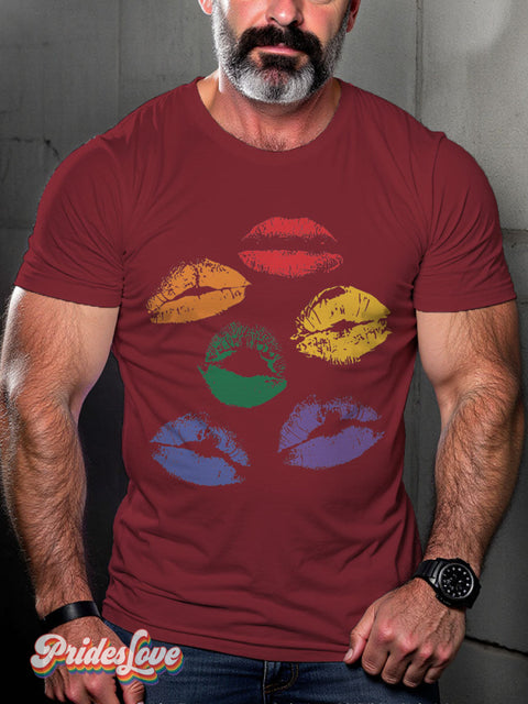 LGBT Proud Rainbow Mouth Kiss Casual Print T-shirt Maroon / S