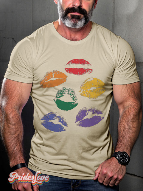 LGBT Proud Rainbow Mouth Kiss Casual Print T-shirt Sand / S